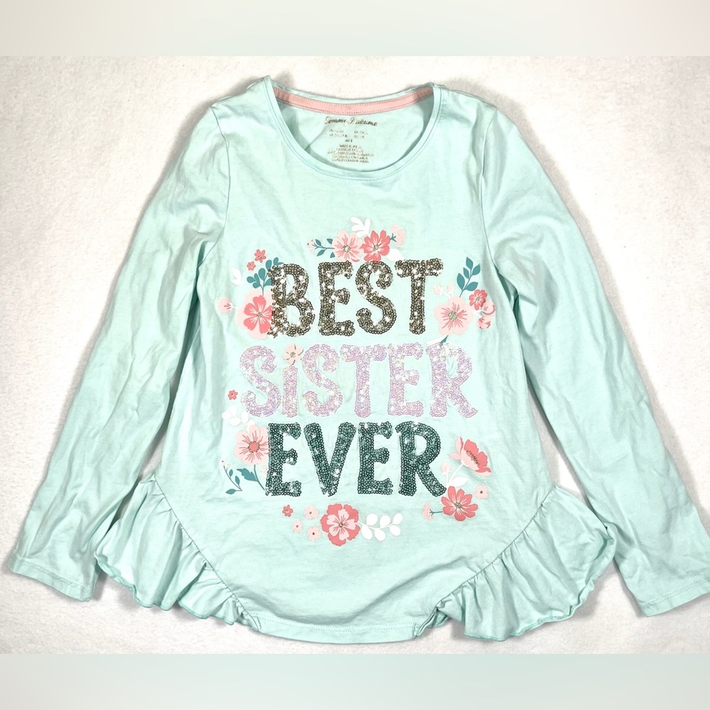 TOMMY BAHAMA Girls Mint Green Ruffle Best Sister Ever Glitter Floral Shirt M
